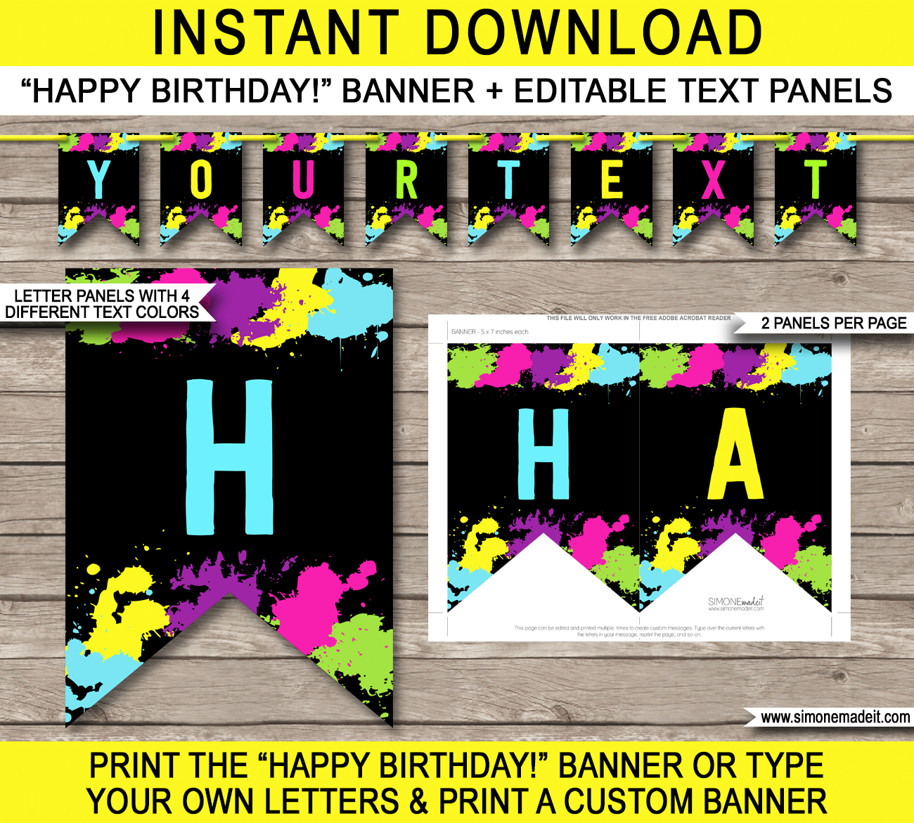 Neon Glow Party Pennant Banner Template Happy Birthday Banner - Birthday Banner Templates Free Printable