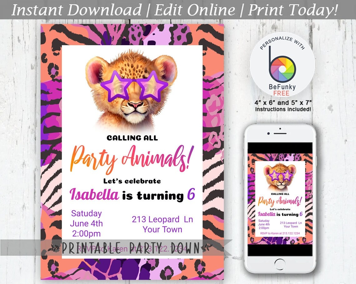 Party Animal Birthday Party Invite Wild Leopard Cheetah Birthday Editable Template Printable Instant Download 4x6 And 5x7 Etsy - Free Printable Cheetah Birthday Invitations