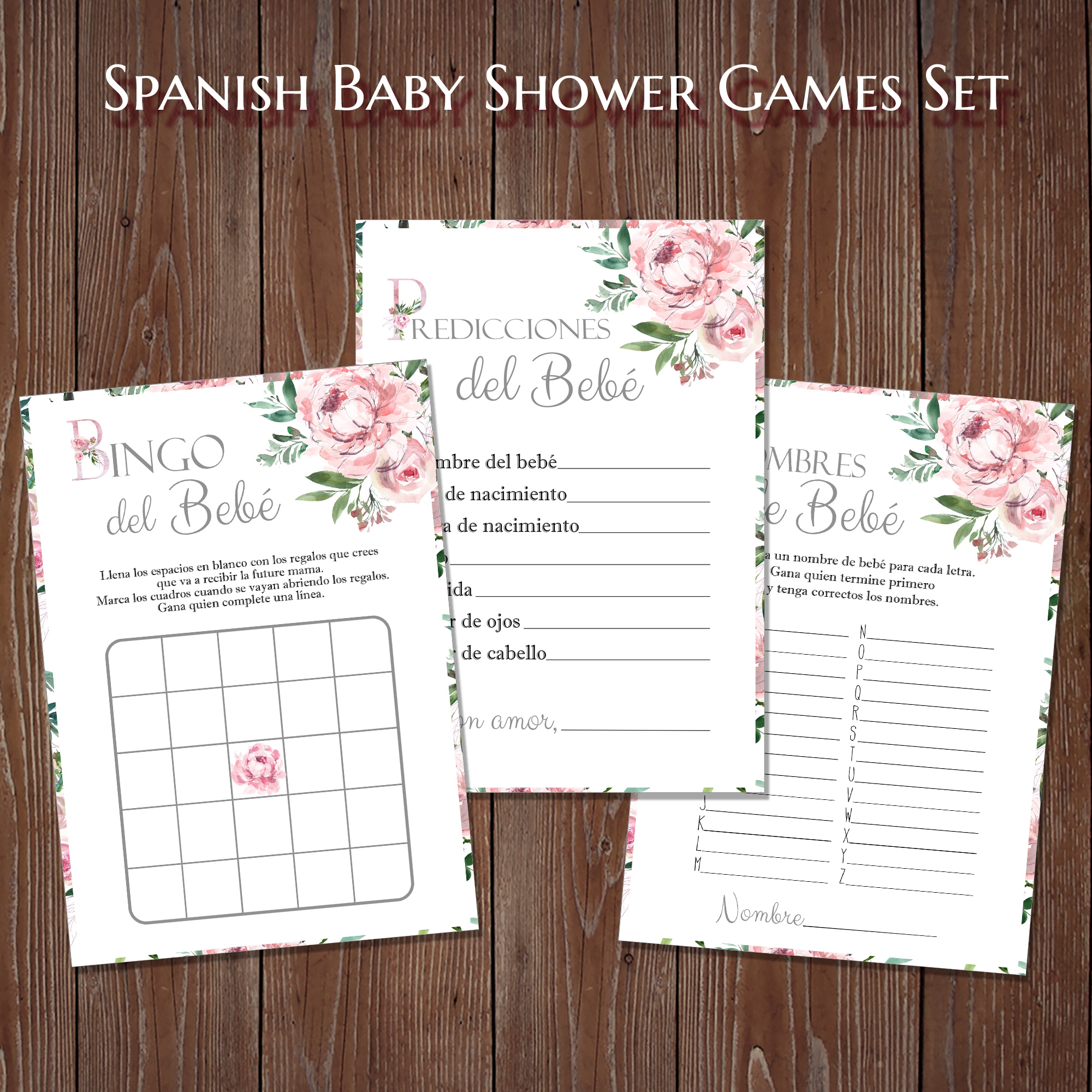 Peony Spanish Baby Shower Games Bundle Printable - Free Printable Baby Shower Games In Spanish