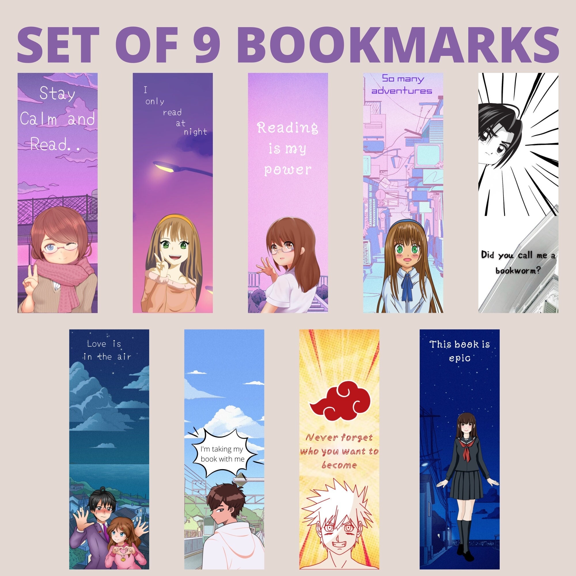 Printable Anime Bookmarks Cartoon Anime Illustrated Instant Download Set Of 9 Printable Anime Bookmark Anime Manga Designs Book Lover Etsy - Anime Bookmarks Printable For Free