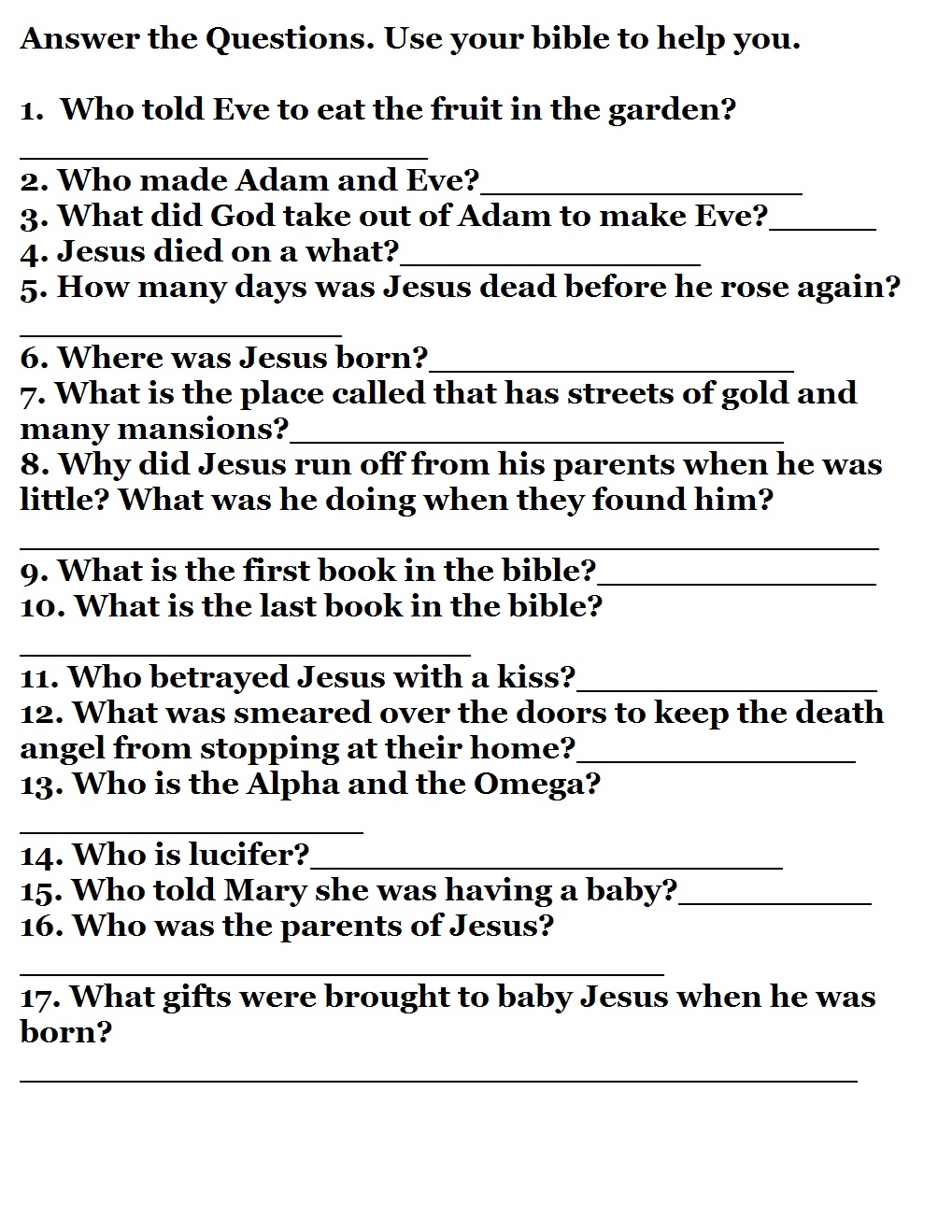 Printable Bible Quizzes - Free Printable Bible Trivia Questions and Answers