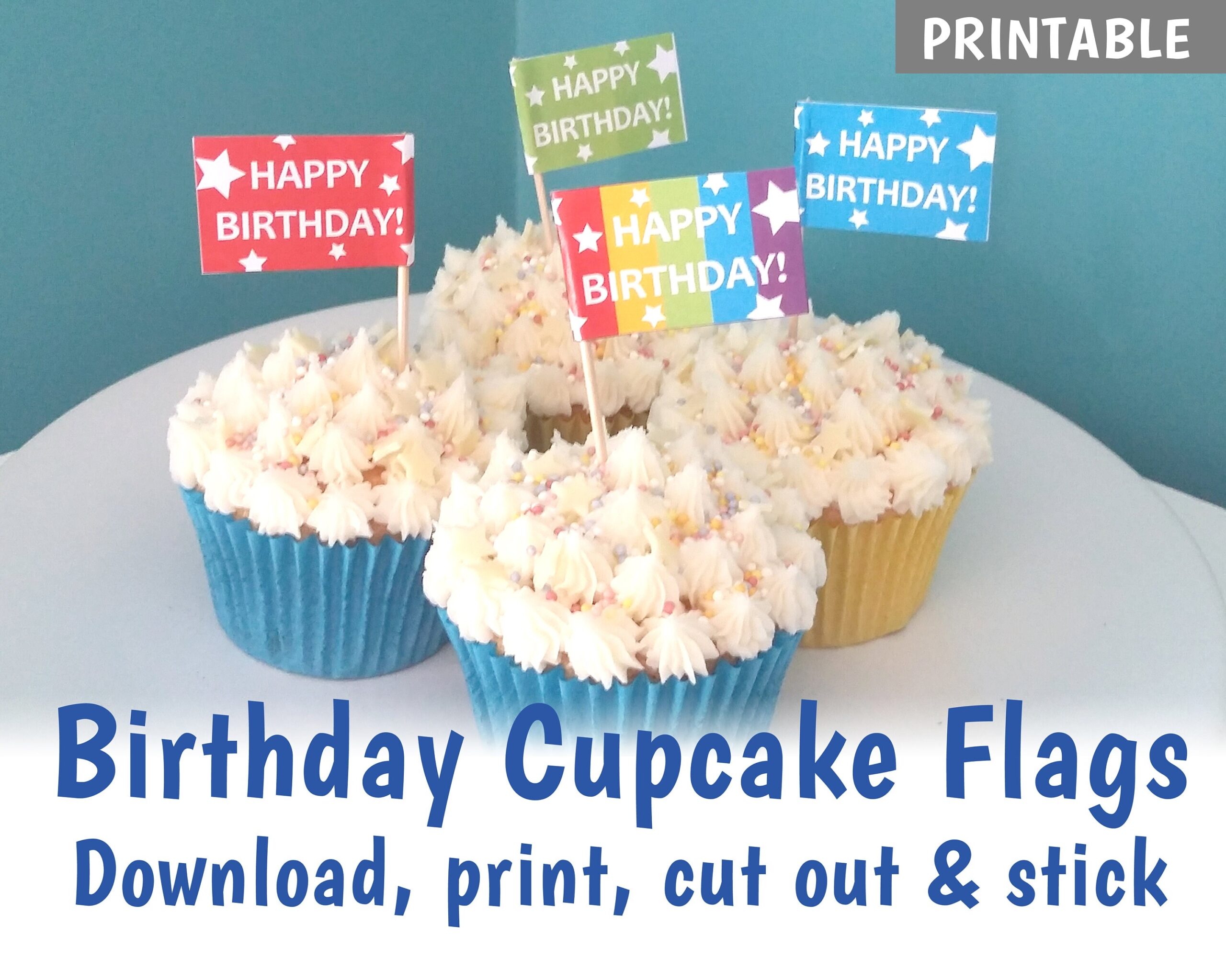 PRINTABLE Birthday Cupcake Flags Make Your Own Cake Toppers Brightly Coloured Rainbow Party Cake Decorations DOWNLOAD Etsy - Cupcake Flags Printable Free