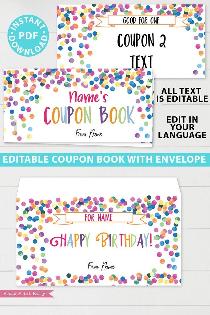 Printable Coupon Book Template DIY Birthday Coupons Book Custom Gift Idea Confetti Editable Blank Coupon Book For Kids INSTANT DOWNLOAD Instant Download Printable Coupon Book Coupon Book Birthday Coupons - Free Printable Blank Birthday Coupons