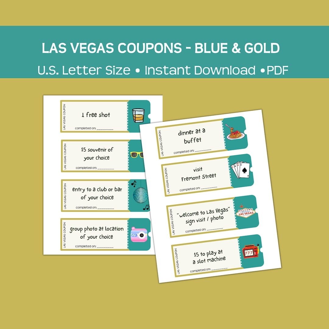 Printable Las Vegas Coupons Blue And Gold Fun And Affordable Travel Gift Instant Pdf Download Fun For Vegas Parties Such As Birthdays Etsy - Free Las Vegas Buffet Coupons Printable