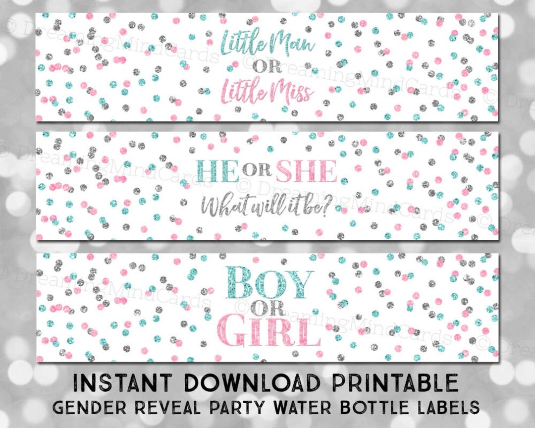 Printable Water Bottle Labels Gender Reveal Party Baby Shower Boy Or Girl Silver Pink Blue Glitter Confetti Instant Digital Download Etsy - Free Printable Baby Shower Labels and Tags