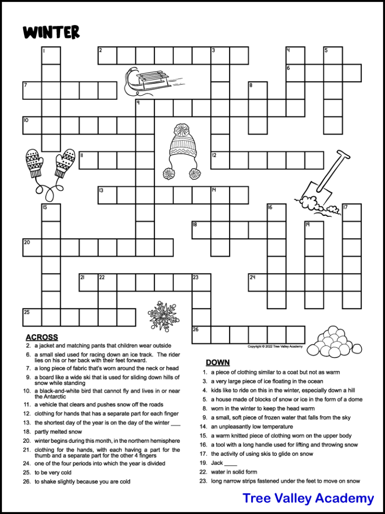 Printable Winter Crossword Puzzles For Kids Tree Valley Academy - Free Online Printable Easy Crossword Puzzles