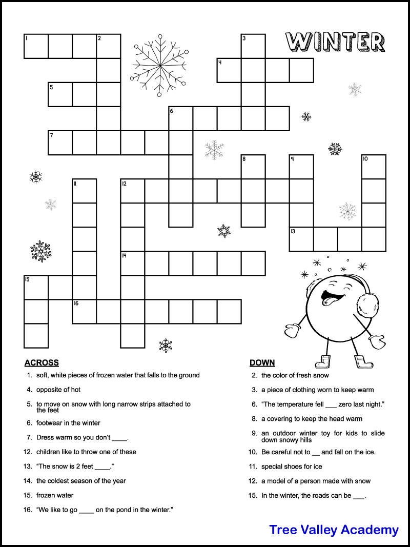 Printable Winter Crossword Puzzles For Kids Tree Valley Academy - Free Easy Printable Crossword Puzzles For Kids