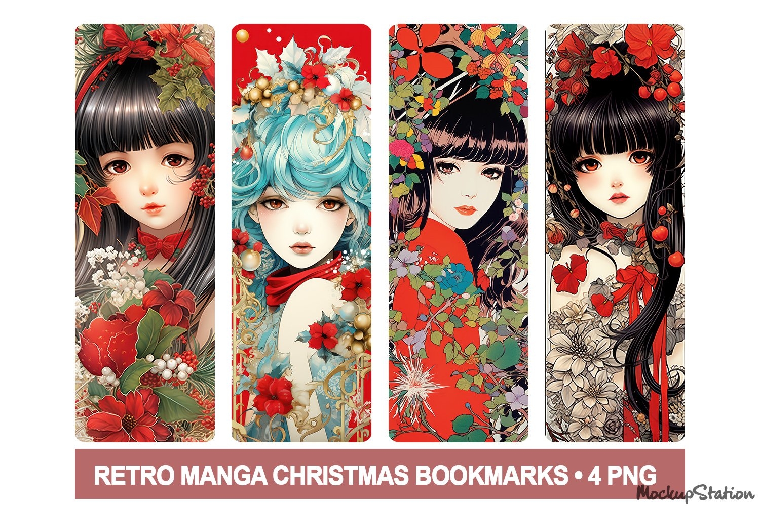 Retro Anime Christmas Bookmarks PNG Printable Winter - Anime Bookmarks Printable For Free