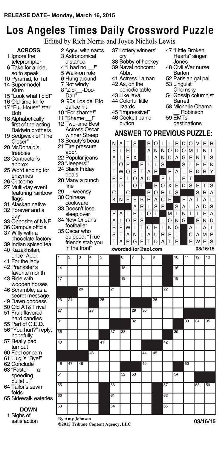 Sample Of Los Angeles Times Daily Crossword Puzzle Tribune Content Agency March 25 2015 Crossword Printable Crossword Puzzles Crossword Puzzle - Free La Times Crossword Printable