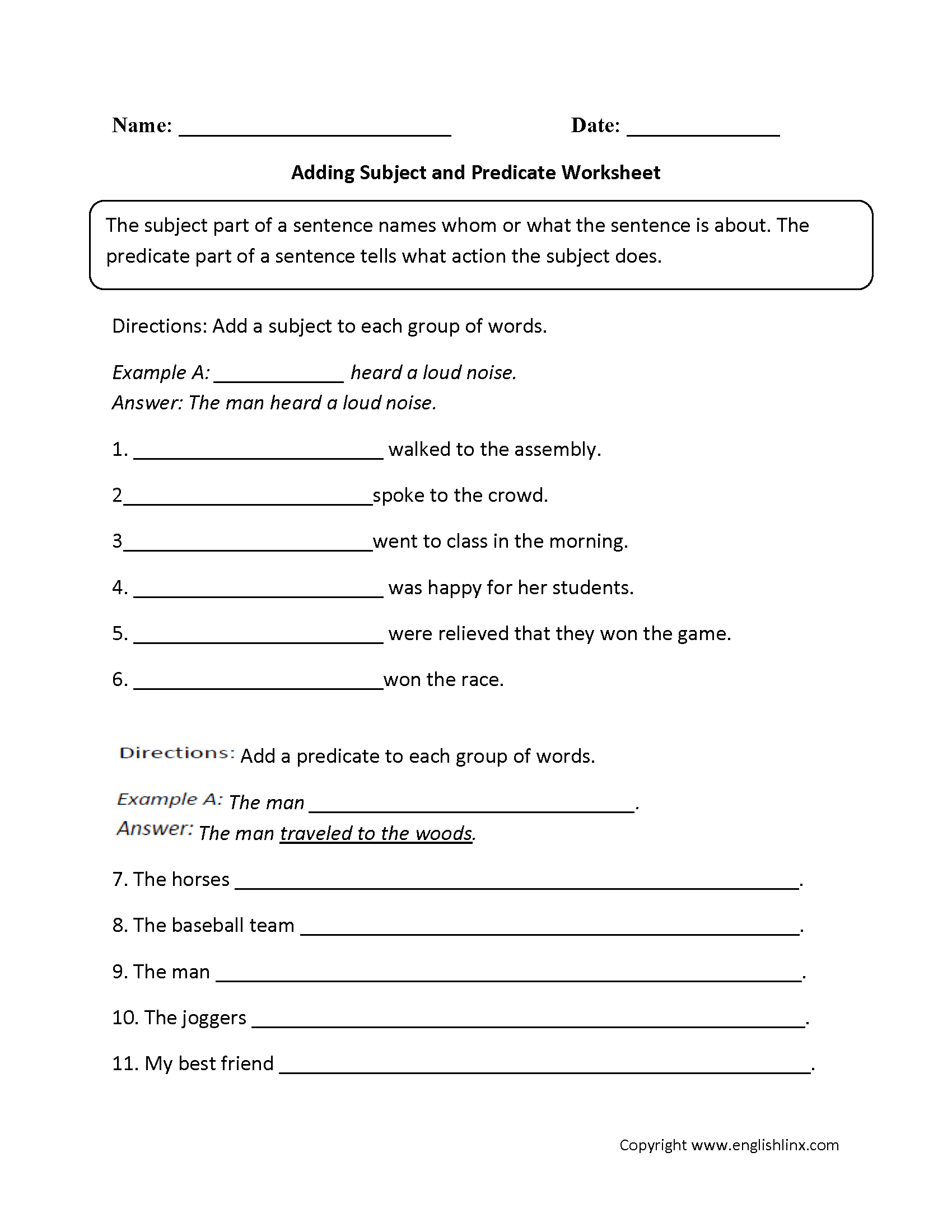 Subject And Predicate Worksheets Adding Subject And Predicate Worksheet - 9th Grade English Worksheets Free Printable
