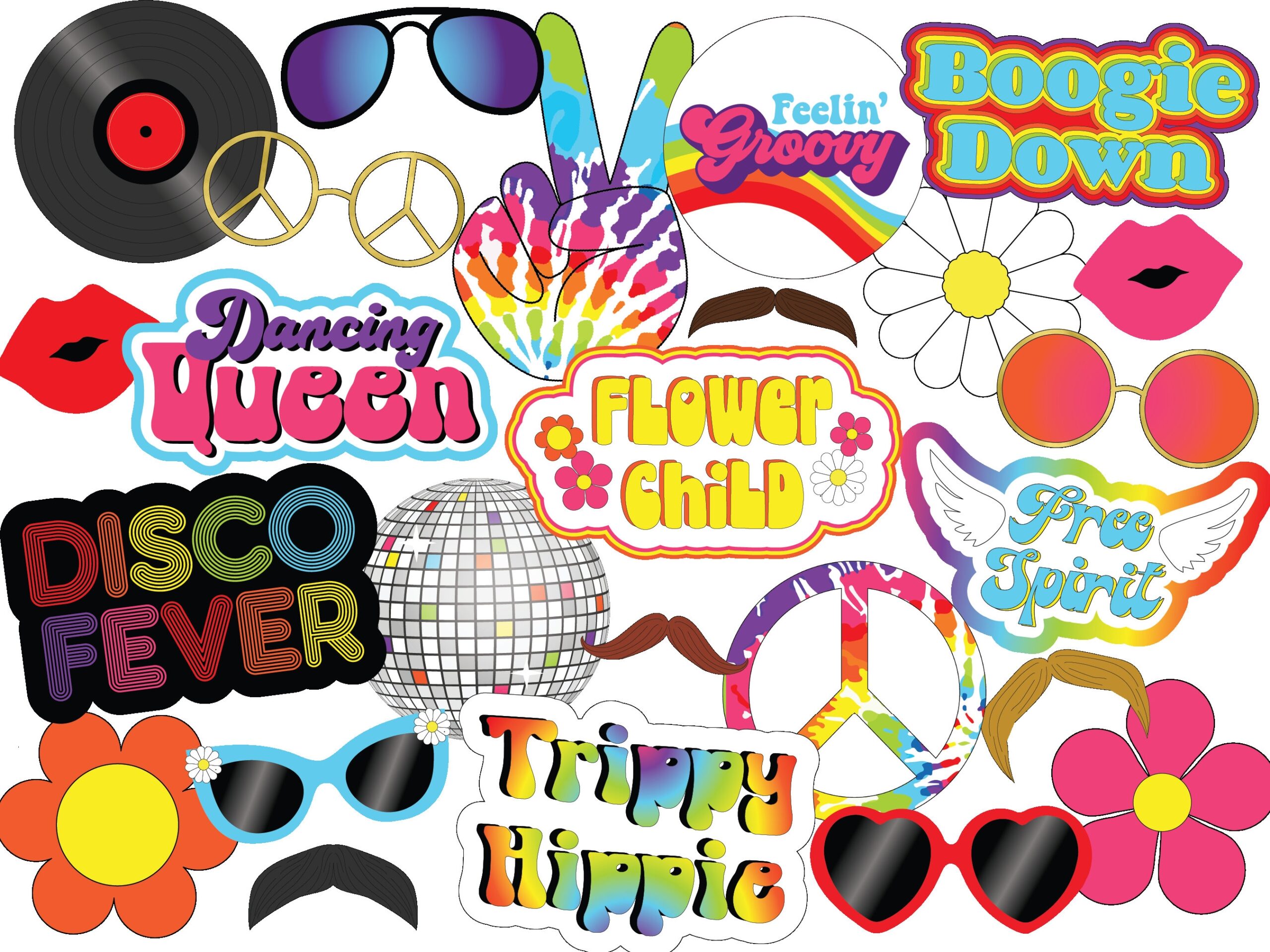 UNEDITABLE 70s Themed Party Photo Booth Props Disco Party Props Psychedelic Rainbow Digital Photo Props Groovy Printable Props Flowe Etsy - Free Printable 70's Photo Booth Props