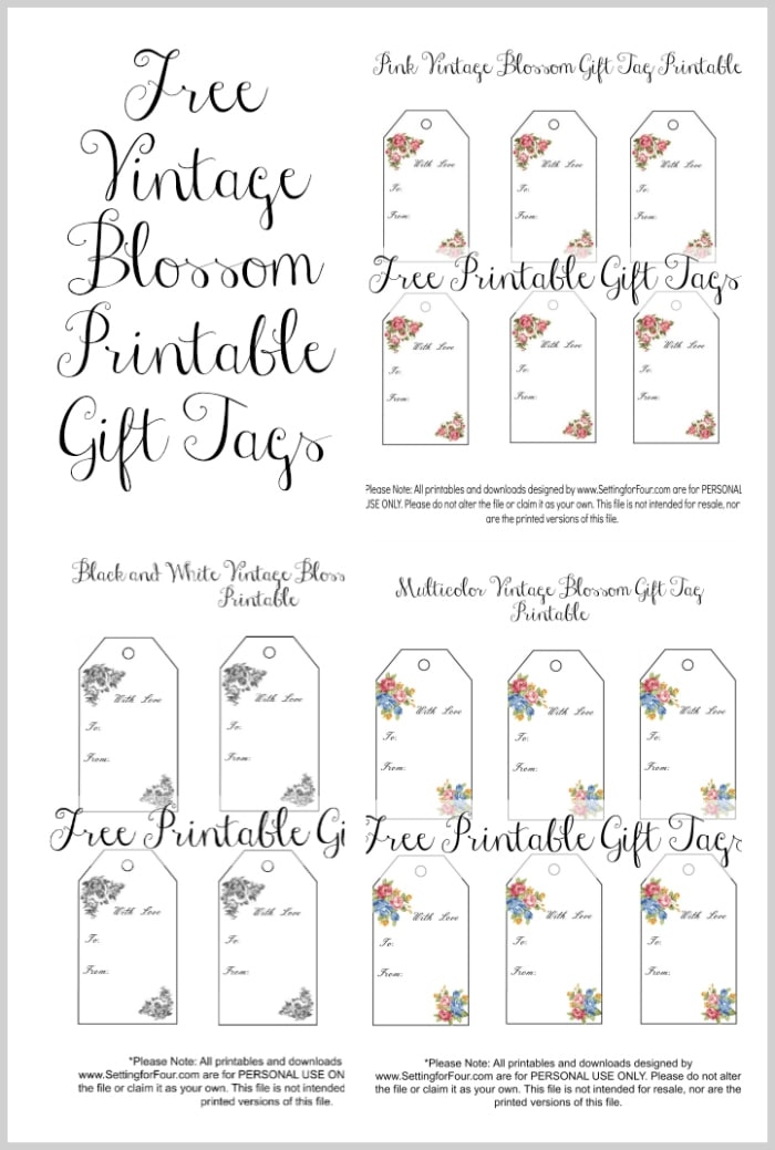 Vintage Blossom Free Printable Gift Tags Setting For Four Interiors - Free Printable Tags