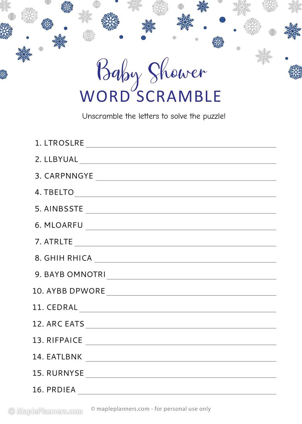 Winter Wonderland Baby Shower Word Scramble - Free Printable Baby Shower Word Scramble